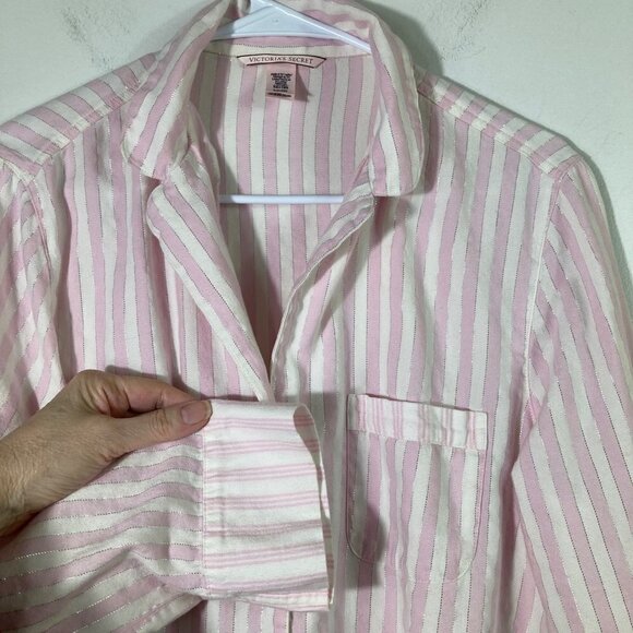 Womens Victoria's Secret Long Sleeve Button‎ Top Pink White Silver Stripe S - Picture 3 of 8